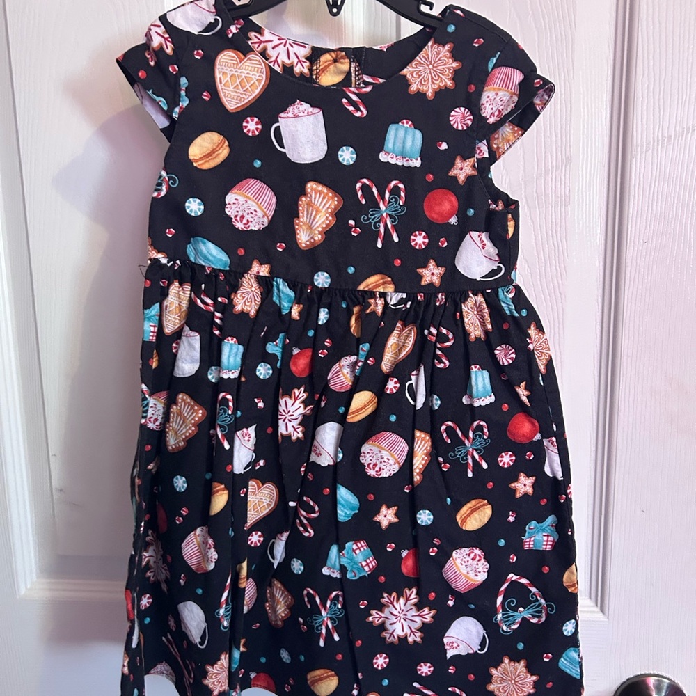 Ricrac & Ruffle Festive Black Dress with Holiday Print